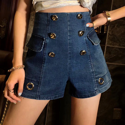 Mid-Waist Double-Breasted Denim Shorts