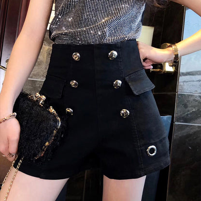 Mid-Waist Double-Breasted Denim Shorts